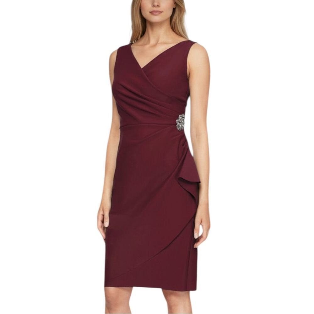 Alex Evenings Ruched Dress 6 Burgundy Rhinestone Brooch Wedding Mother of Bride